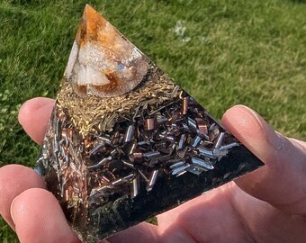 Orgone Pyramid, Energy Protection, Orgonite, EMF Shielding Energy, Citrine, Resin, Scared geometry symbol
