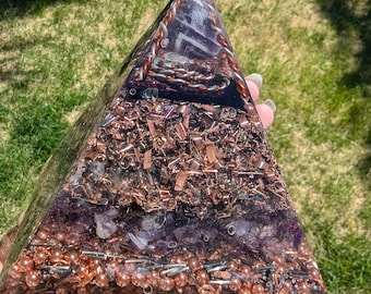 Orgone Pyramid, Energy Protection, Cleansing, EMF Shielding Energy, Amethyst, Resin, Copper, and Steel shavings, Triskelion symbol
