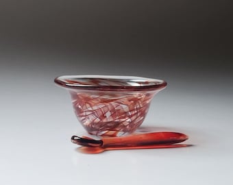 Glass Salt Dish and Spoon- Miniature Open Salt Cellar- Ruby