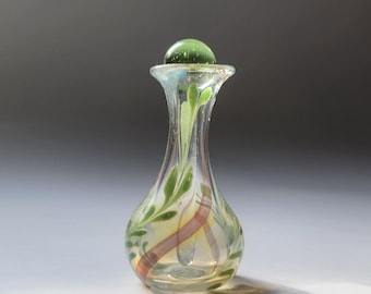 Hand Blown Glass Essential Oil Bottle- Refillable Perfume Vial with Solid Glass Dauber- Floral