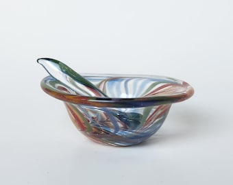 Glass Salt Dish and Spoon- Miniature Open Salt Cellar-Glass Art- Home Decor