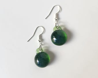 Glass Earrings Green- Lampworked Borosilicate on sterling Silver hooks. Holiday/ Birthday Gift Jewery