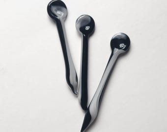 Glass Teaspoons- Set of Three- Black and White- Miniature