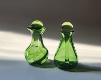 Perfume Bottle Set- Two Hand Blown Glass Vials with Daubers- Transparent Green
