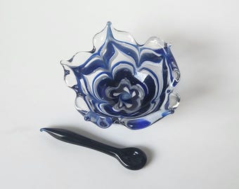 Handmade Open Salt- Art Glass Dish and Spoon Set- Home Decor- Collectable- Blue