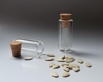 Set of Two Handmade Borosilicate Glass Jars – Seed Collection Bottles with Corks