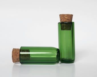 Hand-Crafted Glass Bottles with Corks- Set of Two- Transparent Green Jars- Seed Collection