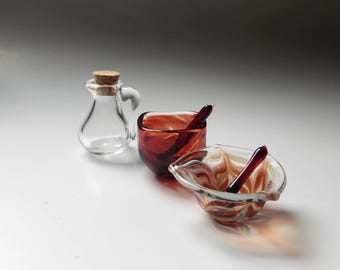 Glass Art Miniature Mixing Set- Two Handblown Dishes with Mini Spoons- Clear Glass Pitcher- Home Decor- Ruby Color
