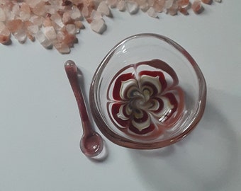 Handblown Glass Salt Cellar with Spoon – Red Pattern, Handmade