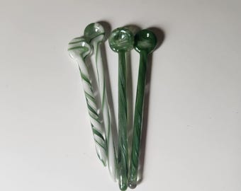 Glass Teaspoons- Set of Four Colorful Green Mixing Spoons- Miniature Borosilicate Stirring Spoons- Handmade Lampworked Art Glass Spoons