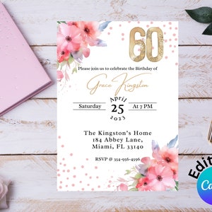 60th birthday,60th birthday invitation,60th flower birthday,60th birthday invite,birthday invitation,digital invitation,editable invite