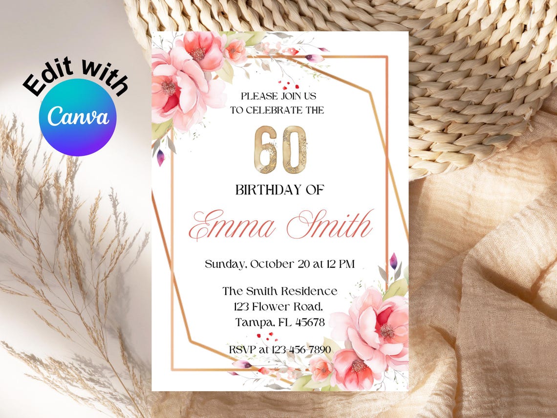 Editable 60th Birthday Invitation Floral 60th Birthday Invitation