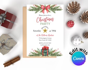 Può includere: Un invito di Natale bianco con un fiocco rosso e rami di pino verdi in alto, e un regalo verde con un fiocco rosso in basso. Il testo recita: Please join us for a Christmas PARTY, December 16 at 7PM, at the Williams Residence, 376 Lexington Avenue, New York, NY 10022, RSVP at 212-367-9003 by December 6th.