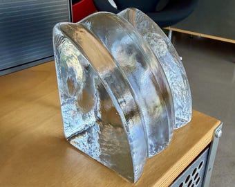 70s Don Shepherd Blenko Clear Glass Waterfall Bookend Ice Block Paperweight Sculpture Mid-Century