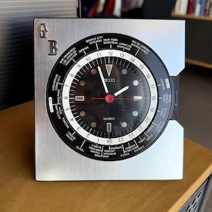Vintage 1980s Picco World Time Desk Clock Postmodern Space Age Brushed Aluminum PQZ101S
