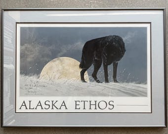 Litografía enmarcada de Jon Van Zyle, "Black Wolf Alaska Ethos", firmada a mano, de los años 80