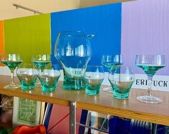 70s Sasaki Harmony Japan Aqua Cocktail Pitcher Glassware Set Hand Blown Teal Barware Coupes Tumblers