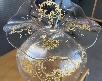 Art Nouveau French Mont Joye Gilt Glass Ruffle Pulpit Sculpture Vase