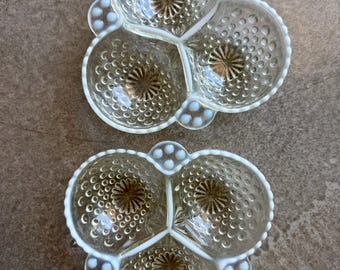 Vintage Fenton Set Moonstone Opalescent Hobnail 3-Section Clover Shaped Patterned Glassware