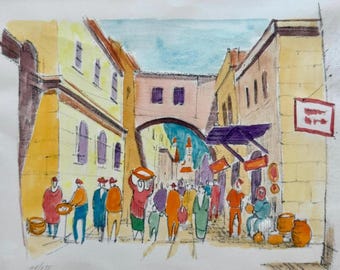 Litografía vintage firmada y numerada de edición limitada con escena callejera de Jerusalén (118/275).
