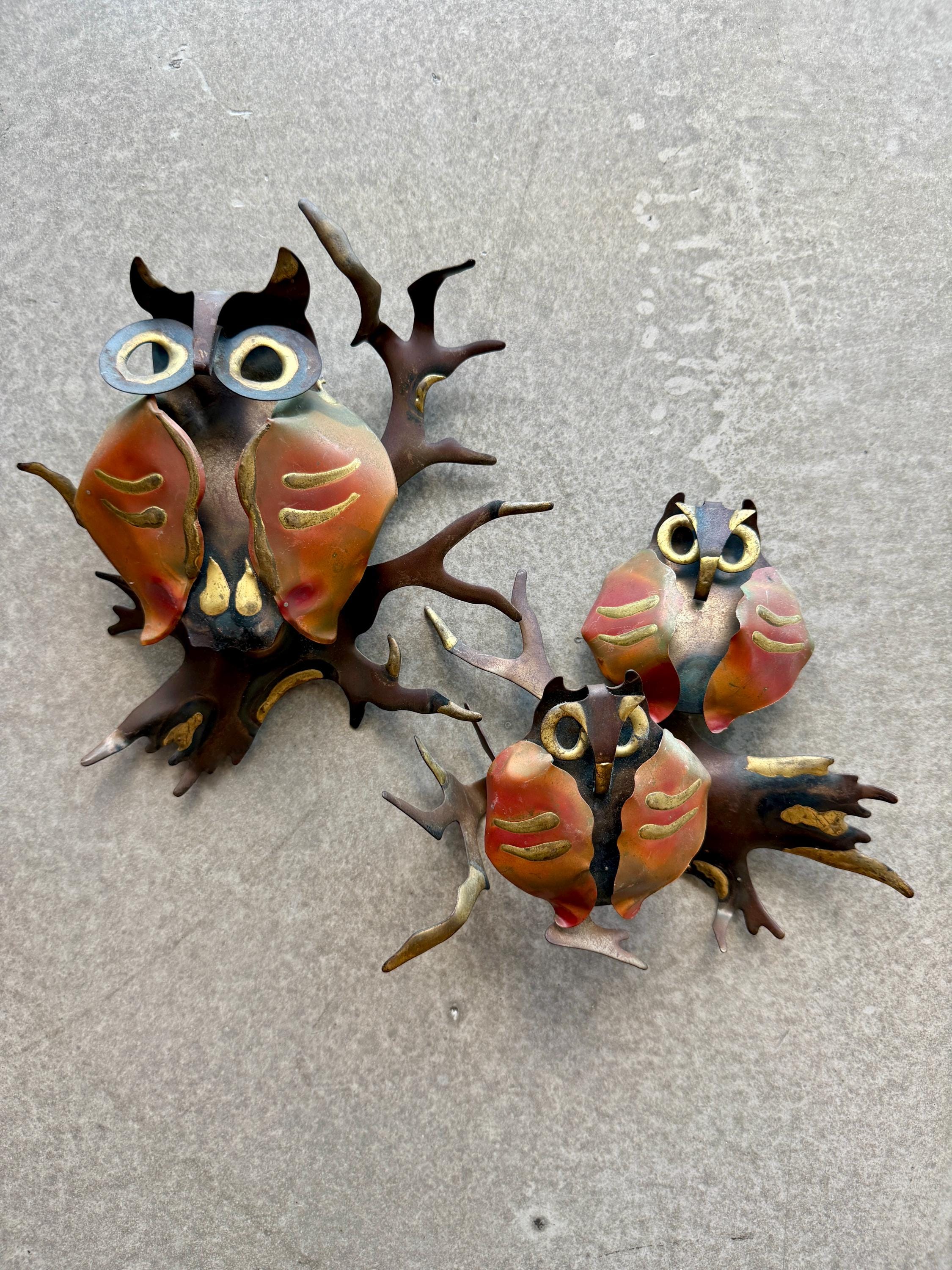 Vintage 1970s Brutalist Metal Owl Wall Art Sculpture Set Layered Copper Brass Tones Mid Century Mode