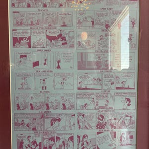 May include: Framed print of a newspaper comic strip page. The page features various comic strips, including "Doonesbury," "Peanuts," and "Hagar the Horrible." The comics are in a pink and white color scheme, with text bubbles and panels.