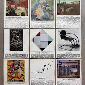May include: A grid of nine rectangular art history prints arranged in three rows. Each print features a distinct art movement, including Post-Impressionism, Art Nouveau, Surrealism, Dada, De Stijl, Art Deco, Abstract Formalism, Kinetic, and Photorealism.