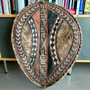 Vintage Authentic Maasai Warrior Shield Handcrafted Buffalo Hide Wood East African Tribal Art Wall Decor