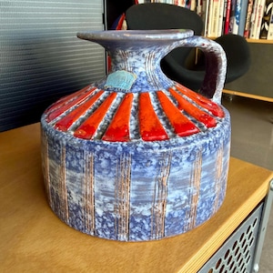 60s Signed Italian Pottery Pitcher E/77 Bitossi Era Sgraffito Lava Glaze Mid-Century