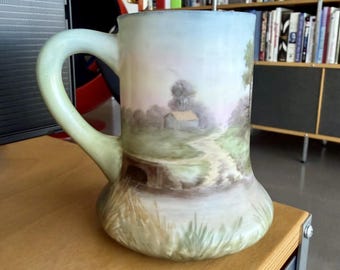 Taza de afeitar antigua de porcelana de Limoges, Francia, pintada a mano con escena paisajística, firmada por Gannaway.