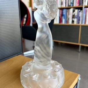 30s Art Deco Libochovice Frosted Glass Flower Frog Lady Gathering Flowers #1805 Czech