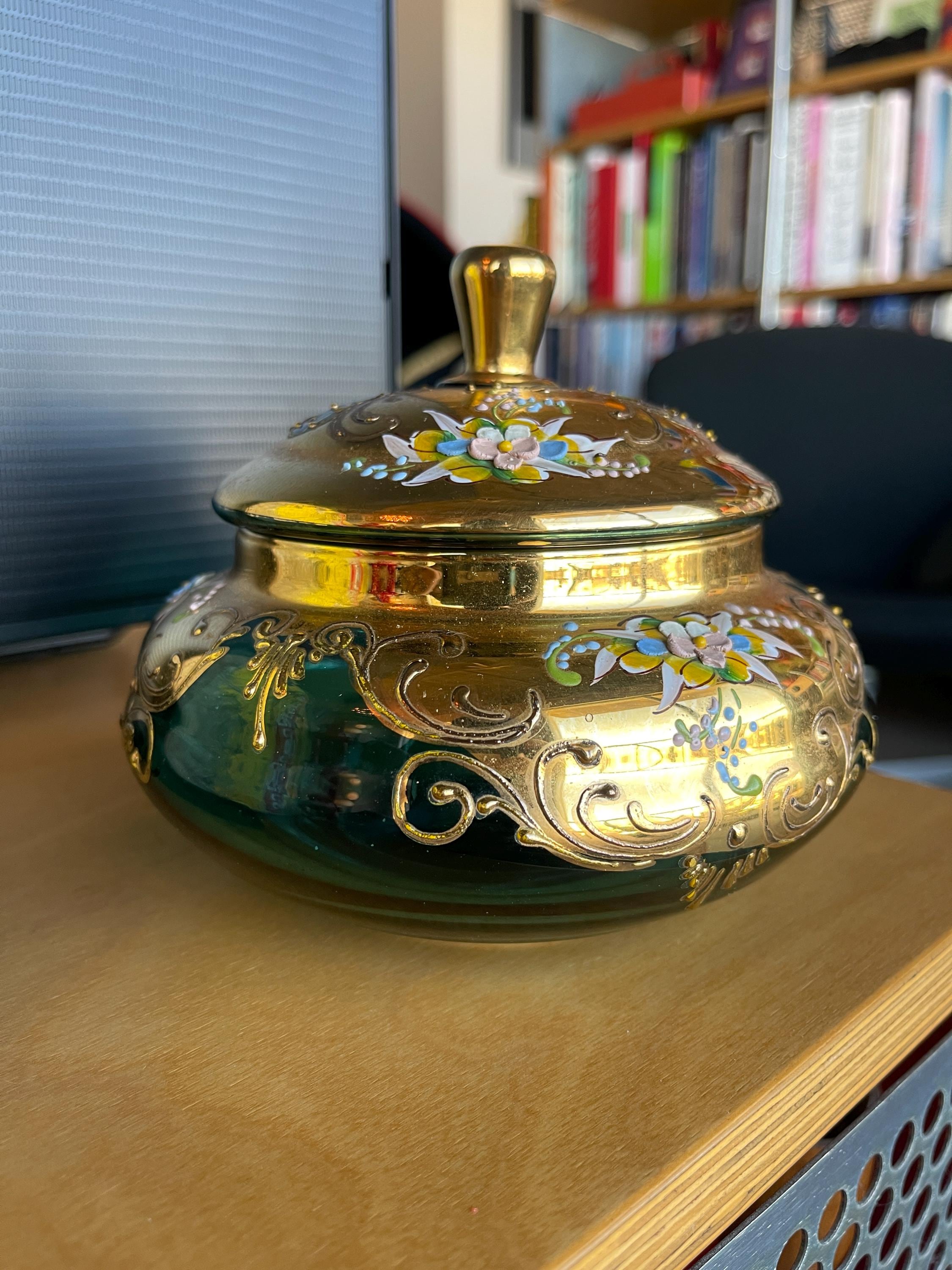 置物 Murano , antique Vintage Italian Venetian Tre Fuochi Gilt Enamel Glass Lid Bowl