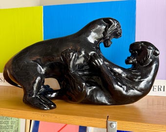 Estatua vintage de pantera negra luchando, gran escultura de cerámica estilo art déco, gato tiki de la jungla
