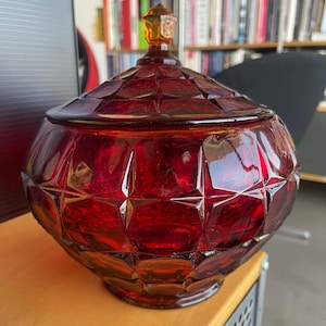 Indiana Glass Constellation Sunset Amberina Lidded Bowl Jar UV Glow