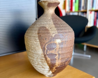 Mid Century Studio Pottery Bottle Vase Signed Earth Tone Drip Glaze Stoneware