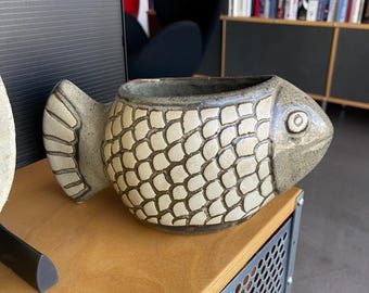 70s David Stewart Large Fish Planter Lions Valley Pottery Vessel Vase