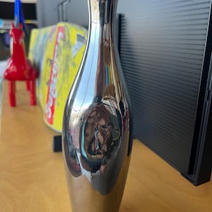 Può includere: Un vaso in ceramica argentata con una finitura liscia e lucida. Il vaso è alto e sottile, con un fondo arrotondato e un collo stretto.