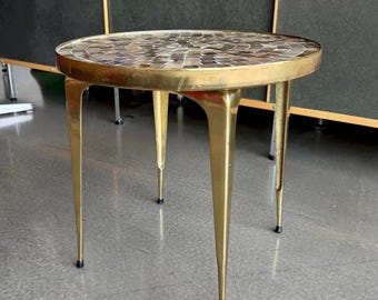 Mesa auxiliar de latón con mosaico japonés de los años 60, soporte para plantas de Ardan Jewelers