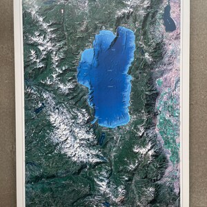 Vintage Lake Tahoe Satelliten Relief Wandkarte Skulptur Rahmen