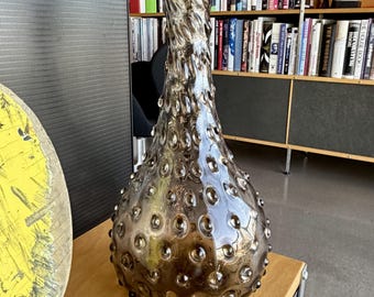 1960s Vintage Smoke Glass Hobnail Vase Postmodern Italian Art Glass Vessel Midcentury Genie
