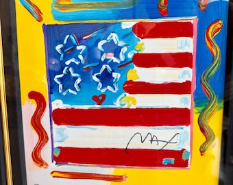 Signed Peter Max Mixed Media Painting Flag with Heart Park West Gallery Framed Pop Art