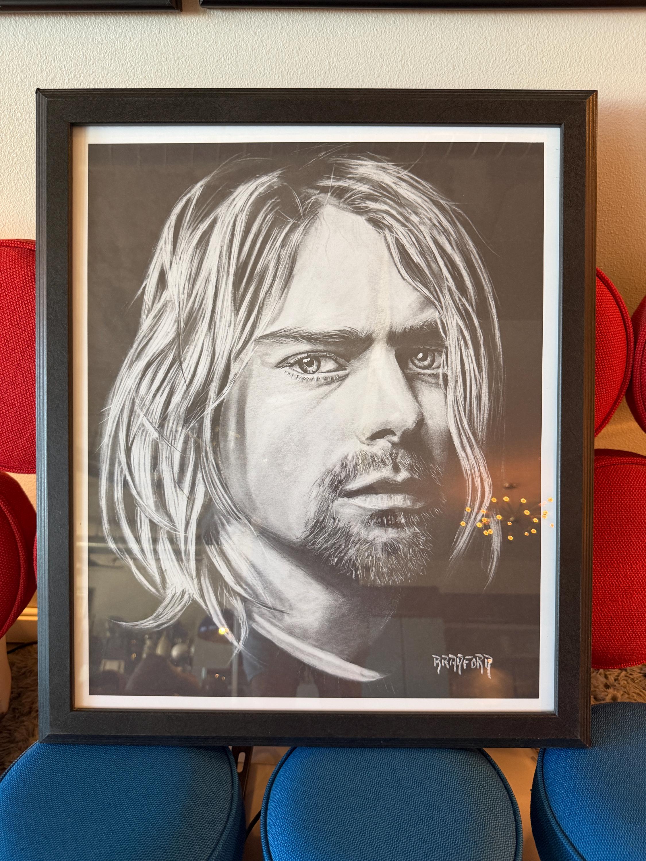 90s Bradford J. Salamon Framed Kurt Cobain Charcoal Portrait Print