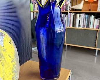Vintage Bohemian Jester Cased Cobalt Blue Glass Handkerchief Vase Applied Yellow Sculptural Folds