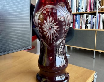 Vintage Bohemian Ruby Red Cut-to-Clear Crystal Vase Czech Art Glass Pinwheel Starburst Cased Glass