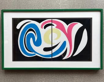David Hockney, años 80, impresión xerox sobre cartón, díptico sin título, marco de madera verde primario