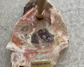 Vintage MCM Petrified Wood Slab Bronce Escritorio Portalápices