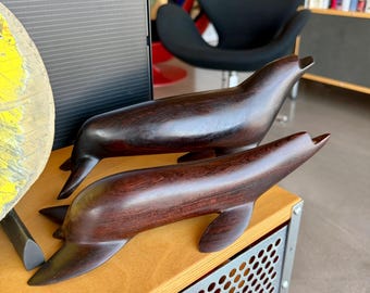 70s Mid-Century Modern Hand-Carved Desert Ironwood Sea Lion Sculptures Pair