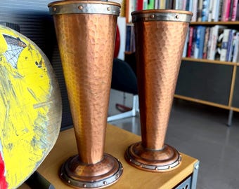 1910 Arts & Crafts Riveted Copper Trumpet Vases Pair Joseph Heinrichs Benedict Art Studio attr. Antique