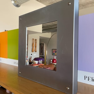 Postmodern Mirror Brushed Metal Plastic Form Frame Space Age Design