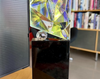 Modernist Dichroic Art Glass Sculpture Faceted Iridescent Geometric Object Black Crystal Pedestal Base